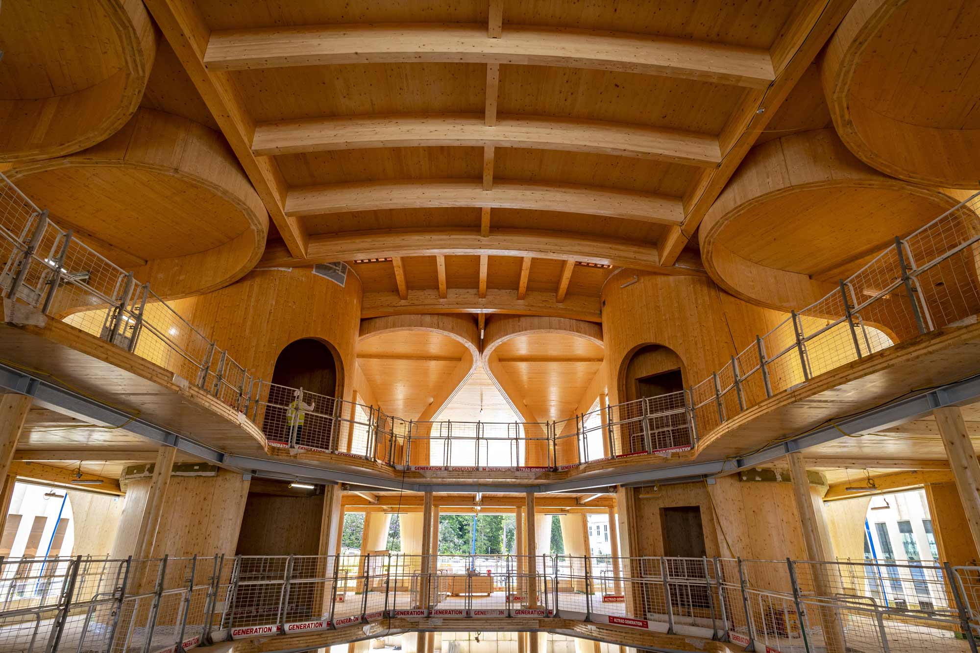 UCB Headquarters Brain building interior wood work.