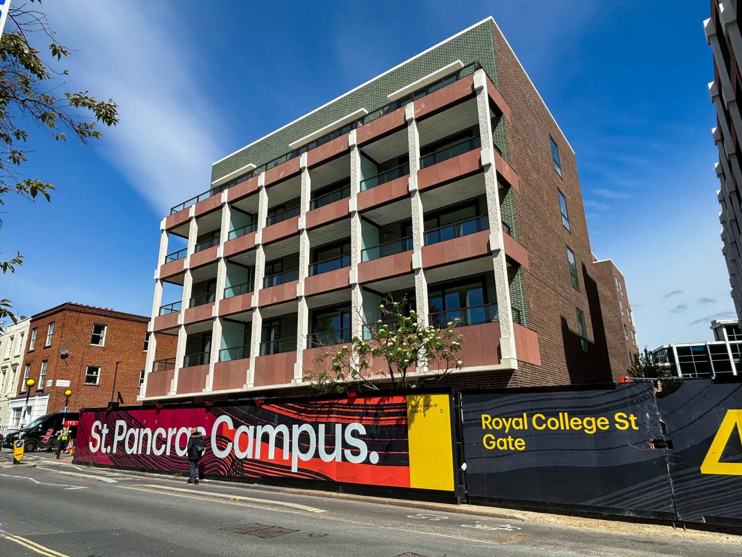 Wide shot of St Pancras Campus on site with facade installation complete.